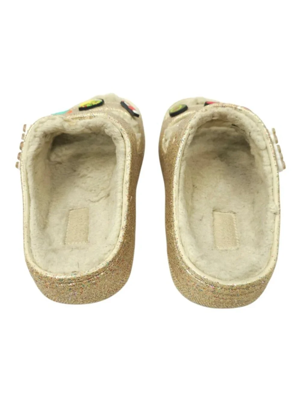 Crocs Classic Cozzzy Glitter Sandals Women 7 Gold Fuzzy Lined Slide Taco Jibbitz